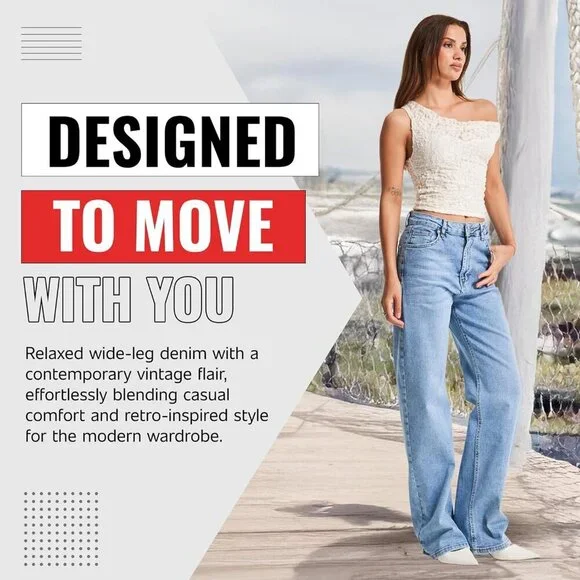 High Waisted Wide Leg Jeans Womens Cotton Elastane Trendy Comfort Streetwear